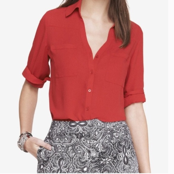 Express Scarlet Red Portofino Button Up Blouse - Picture 9 of 9